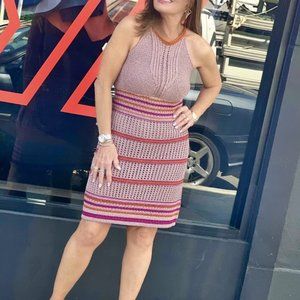 NEW  Boston Proper BOHO Metallic Crochet sleeveless Pink Beige Stipe Dress Racer